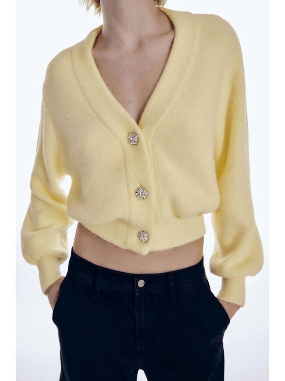 Zara Super Soft Plush Fuzzy Pale Yellow VNeck Cropped Cardigan w/Jeweled Buttons